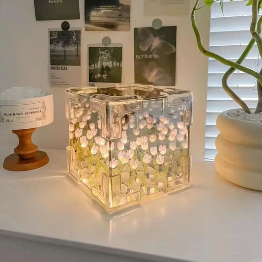 Tulifée - Lampe Cube Miroir Tulipe DIY, Veilleuse 3D Créative