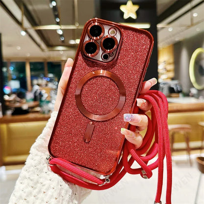 Coque de luxe avec strap croisé en glitter MagSafe pour iPhone 16 Plus, arrière en TPU électroplaqué avec charge sans fil et couverture de lanière.