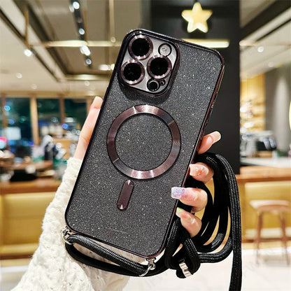 Coque de Support Croisé Lumineux MagSafe de Luxe pour iPhone 12 Pro Max, Charge Sans Fil Électroplaquée, Couverture en TPU avec Lanière