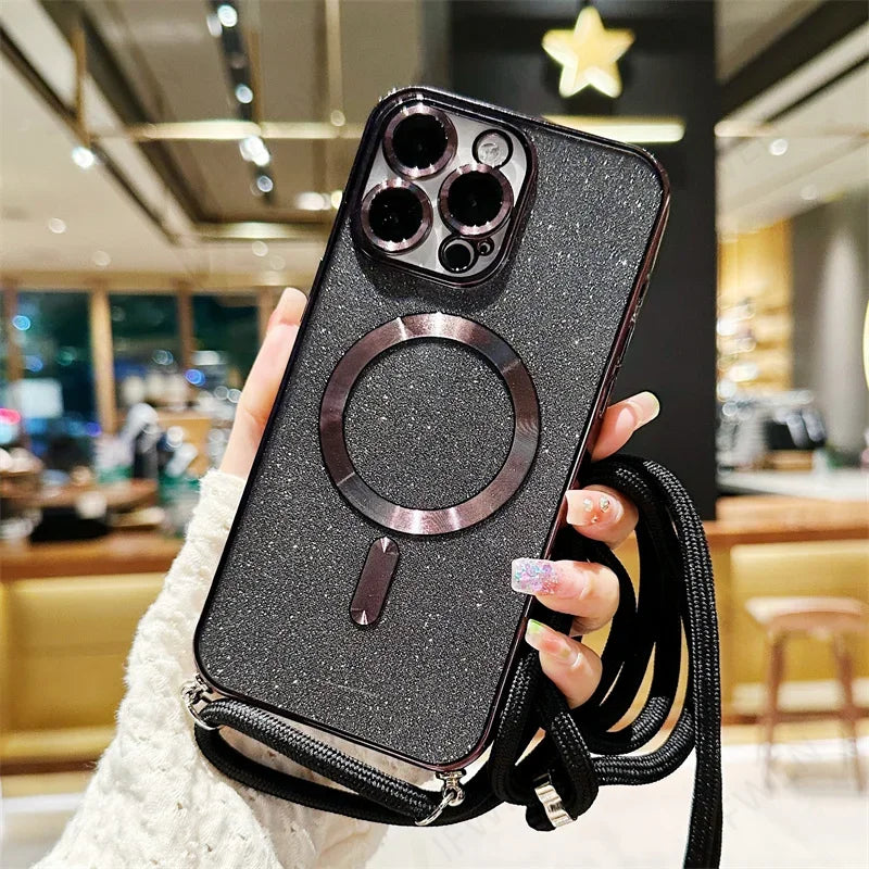 Coque de protection à bandoulière scintillante MagSafe de luxe pour iPhone 15 Pro Max, charge sans fil électroplaquée, dos en TPU avec lanière.