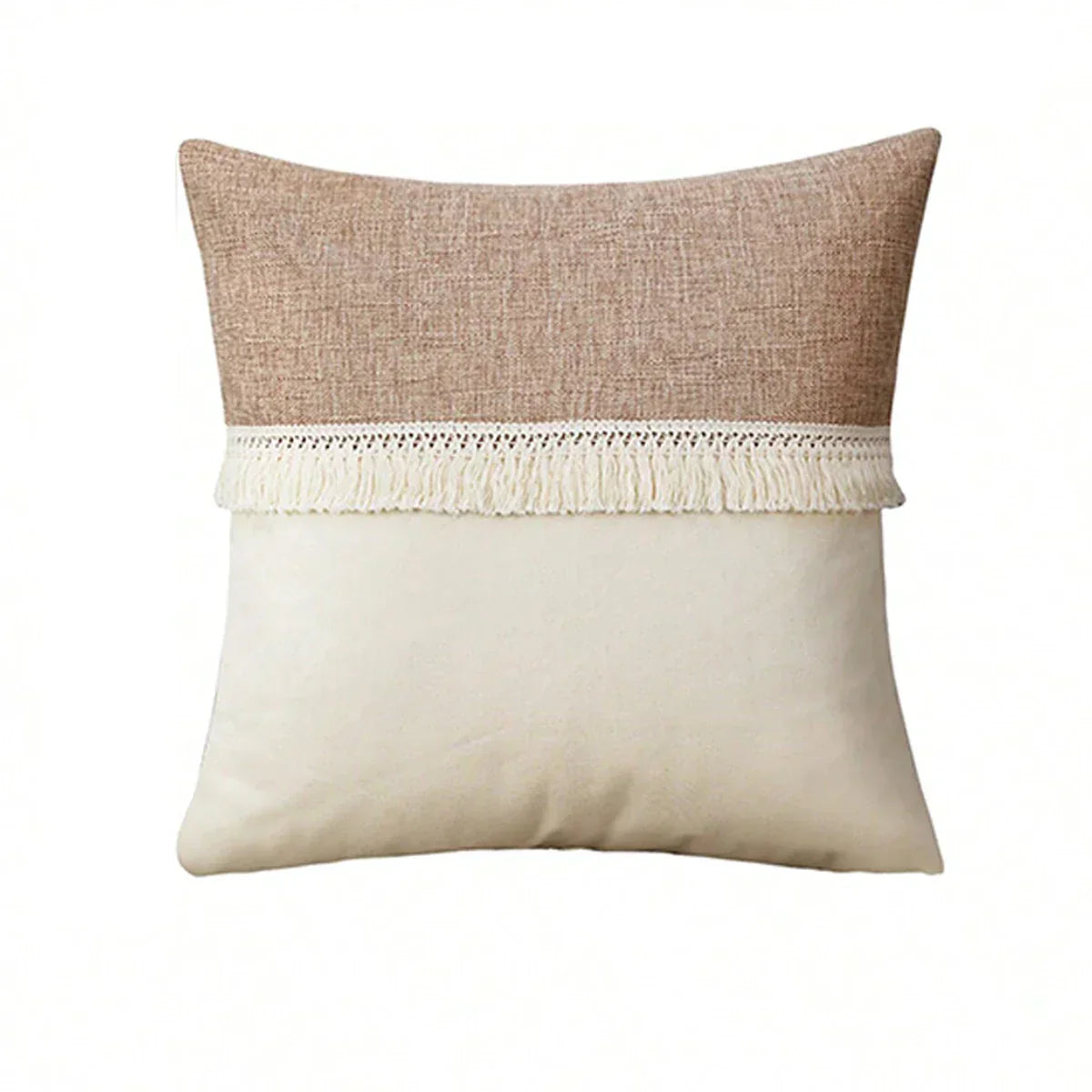 Coussin Boho - Housse de coussin géométrique beige avec franges
