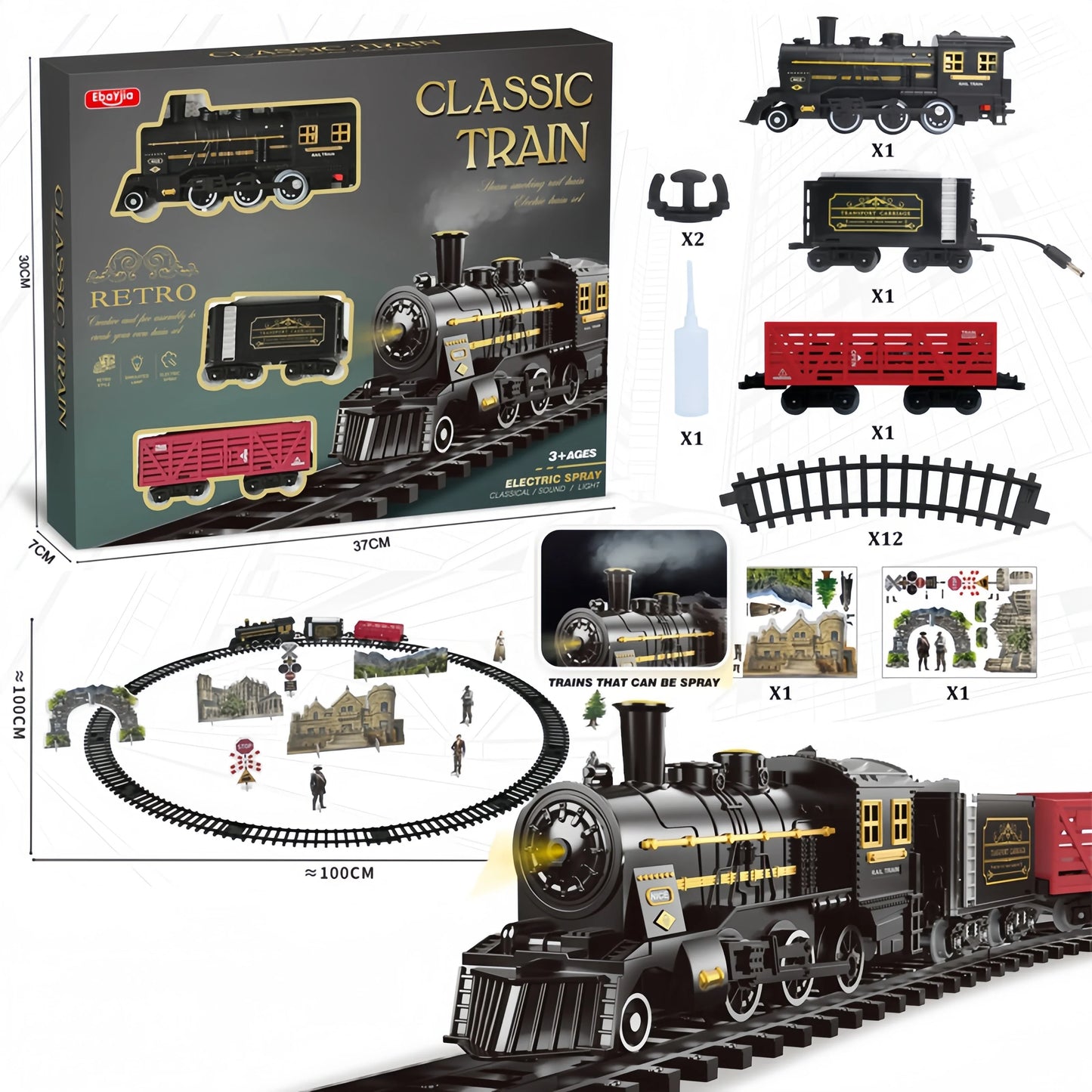Ensemble de train électrique classique rétro pour enfants - Jouet de locomotive à vapeur avec lumières et sons sur long circuit, cadeau parfait pour le Nouvel An