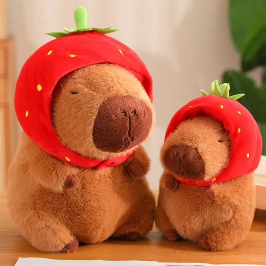 Kawaii Capybara Peluche - Animal en Peluche Fluffy avec Sac de Tortue & Casquette de Fraise, Idéal Cadeau d'Anniversaire pour Enfants & Décoration de Maison