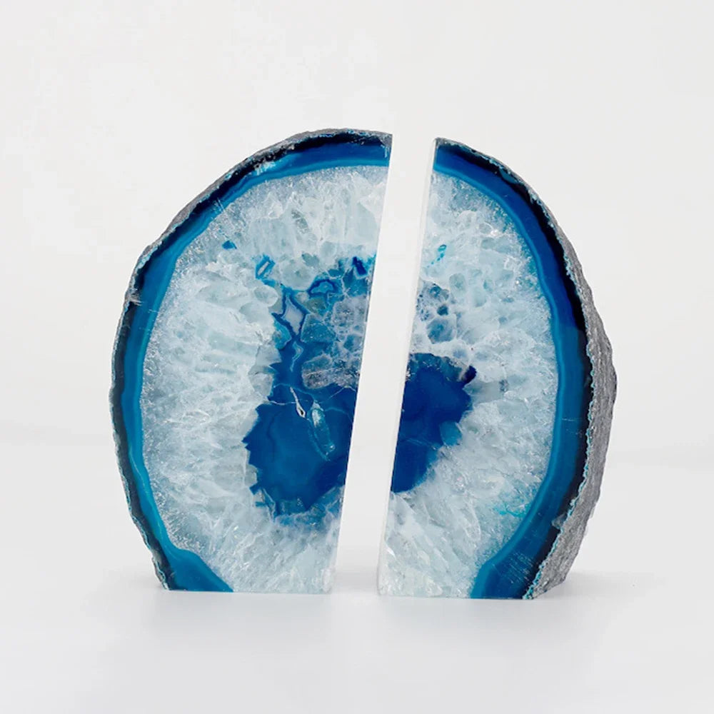 Floroux Bookends in Blue Agate | Set of 2 pieces | Elegant stone decoration for home and office | Natural gem look