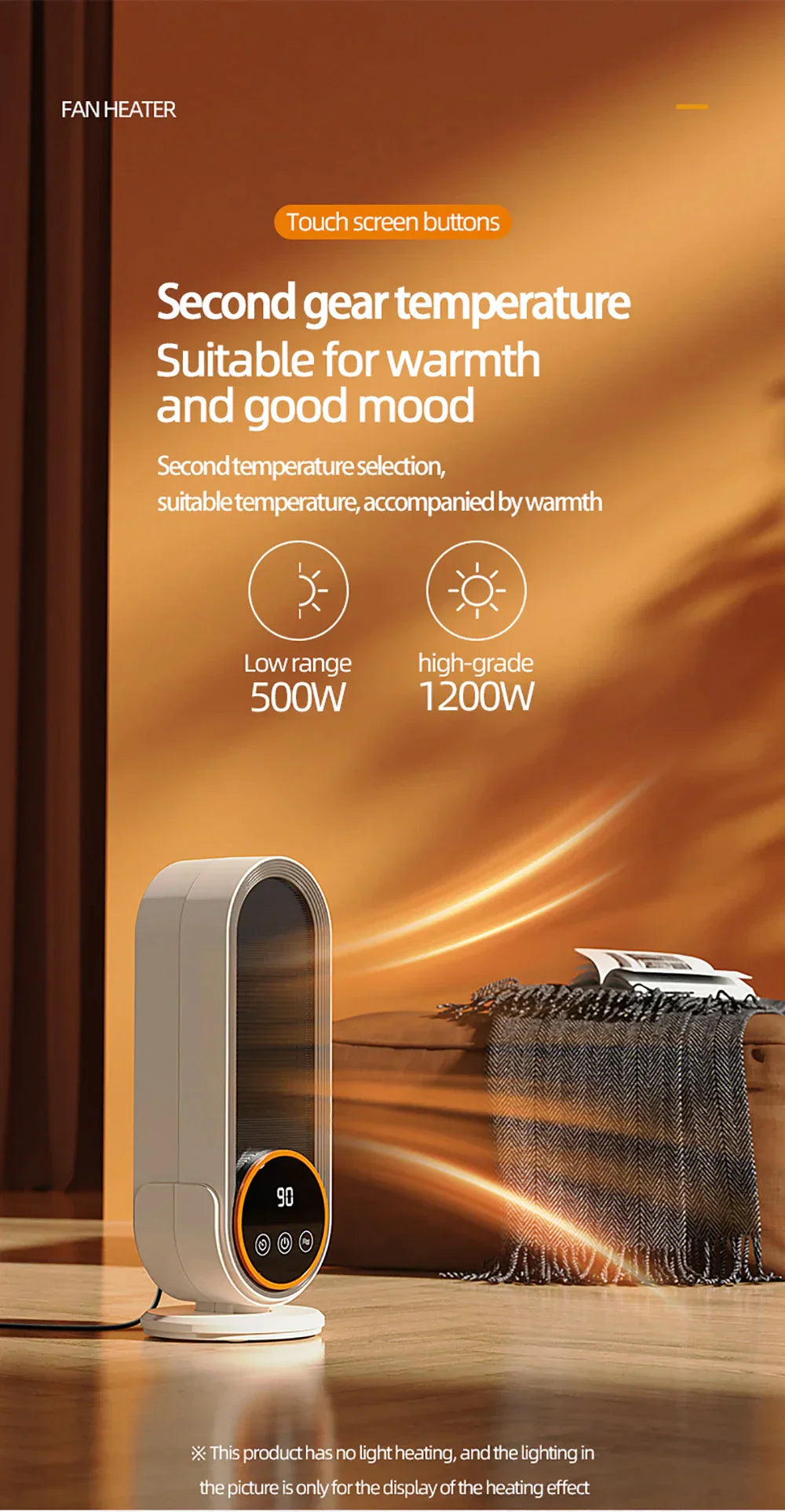 Chauffage portable, 1200 W, écran tactile, avec télécommande et minuteur