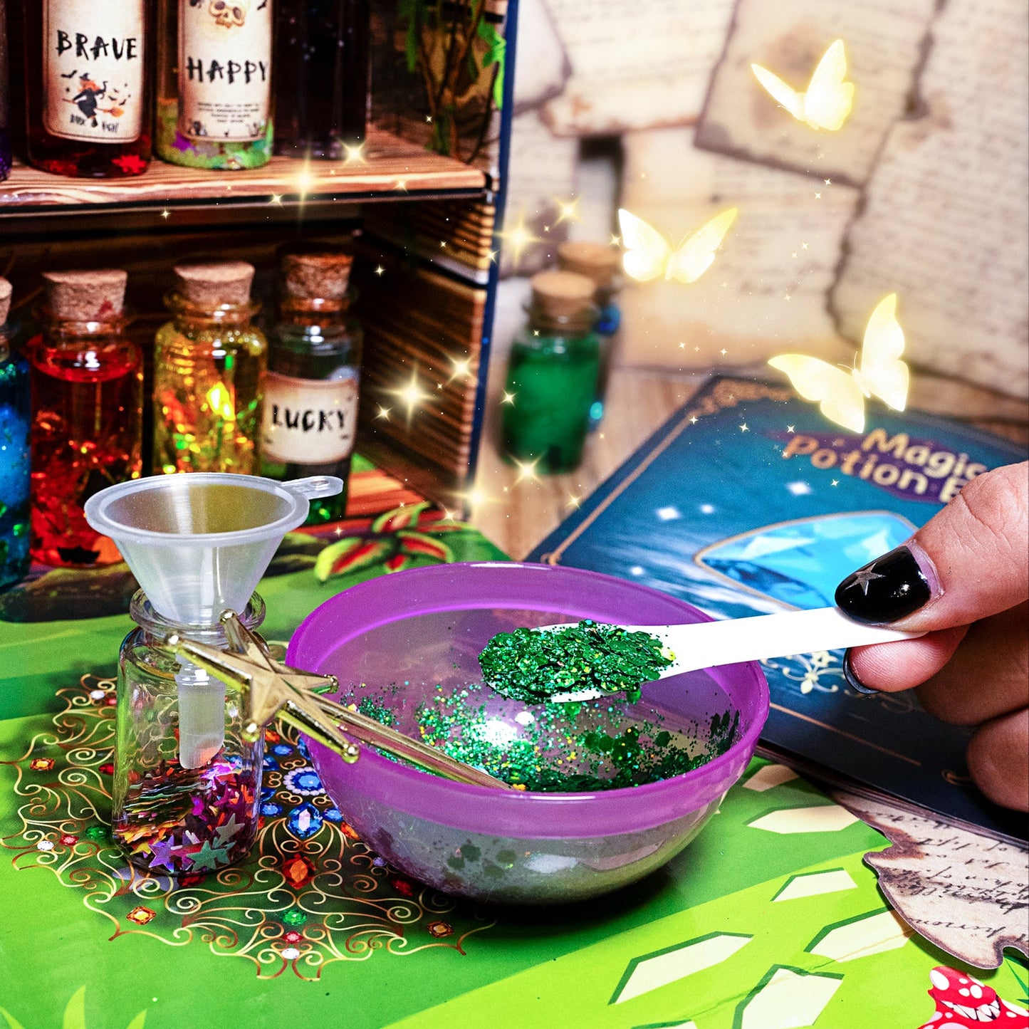 Kit de potions magiques DIY enchanteur pour enfants - 24 bouteilles, livre de sorts et accessoires magiques pour s'amuser à Halloween et Noël