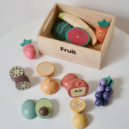 Ensemble de jeu de cuisine en bois pour enfants avec accessoires alimentaires à découper - Fruits, Légumes et jouets de boulangerie