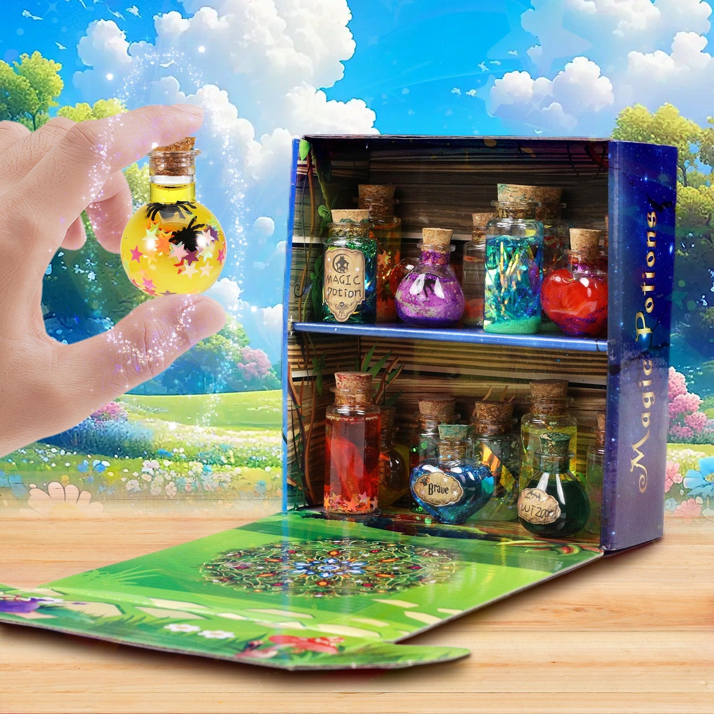 Kit de potions magiques DIY enchanteur pour enfants - 24 bouteilles, livre de sorts et accessoires magiques pour s'amuser à Halloween et Noël