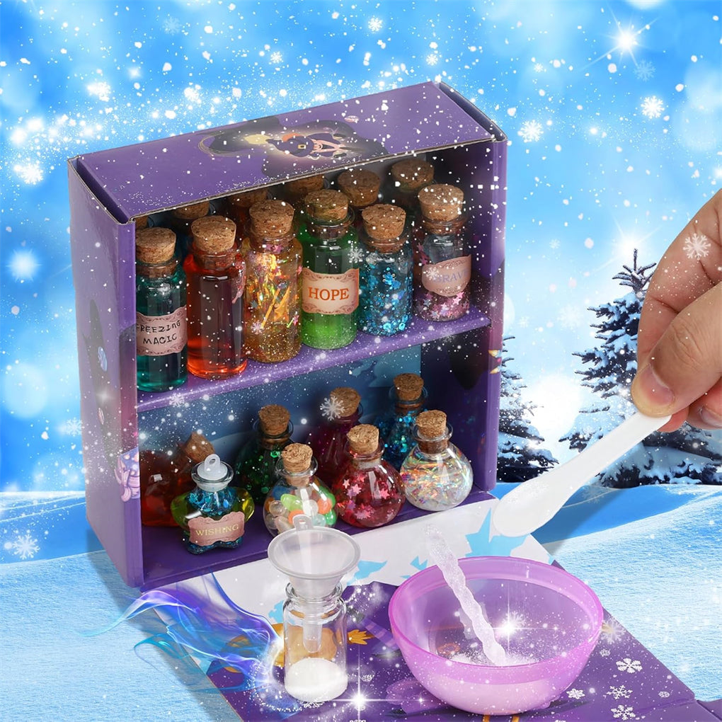 Kit de potions magiques DIY enchanteur pour enfants - 24 bouteilles, livre de sorts et accessoires magiques pour s'amuser à Halloween et Noël