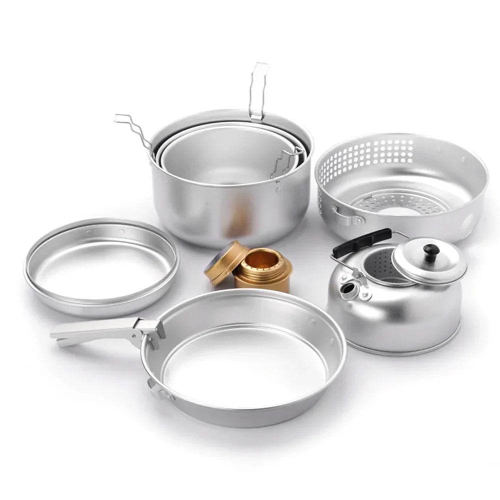 Kit de Réchaud de Camping 10pcs – Ensemble de Cuisine en Plein Air avec Casseroles, Poêles, Bouilloire, Réchaud à Alcool et Plus pour Randonnée, Camping et Escalade
