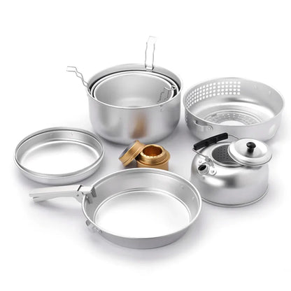 Kit de Réchaud de Camping 10pcs – Ensemble de Cuisine en Plein Air avec Casseroles, Poêles, Bouilloire, Réchaud à Alcool et Plus pour Randonnée, Camping et Escalade