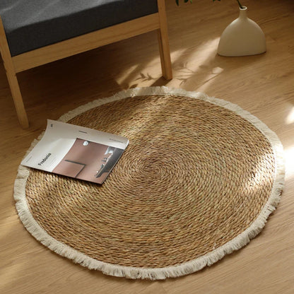Tapis rond en jute et rotin fait main avec franges – tapis vintage pour chambre, salon et entrée