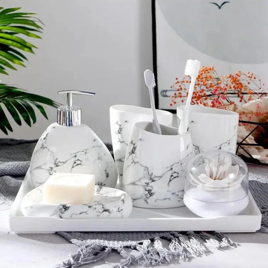 Floroux Set de salle de bain 7 pièces | Design en marbre élégant | Accessoires de bain luxueux et pratiques