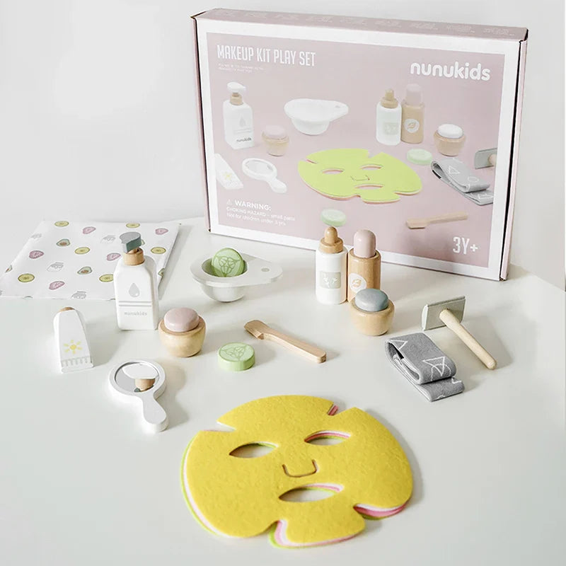 Ensemble de jeu de rôle de maquillage en bois pour enfants - Jouet de masque facial écologique pour un apprentissage créatif