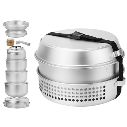 Kit de Réchaud de Camping 10pcs – Ensemble de Cuisine en Plein Air avec Casseroles, Poêles, Bouilloire, Réchaud à Alcool et Plus pour Randonnée, Camping et Escalade