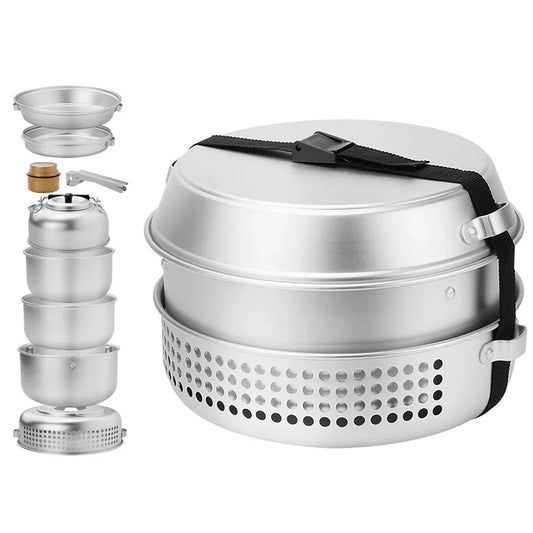 Kit de Réchaud de Camping 10pcs – Ensemble de Cuisine en Plein Air avec Casseroles, Poêles, Bouilloire, Réchaud à Alcool et Plus pour Randonnée, Camping et Escalade