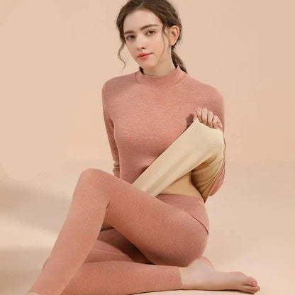 Ensemble de sous-vêtements thermiques en velours pour femmes - Couche de base à col moyen-haut chaud, vêtements de détente sans couture pour l'hiver