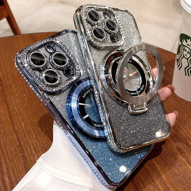 Coque scintillante en bijoux de chargement sans fil Magsafe de luxe pour iPhone 16 11 12 13 14 15 Pro Max support magnétique brillant.