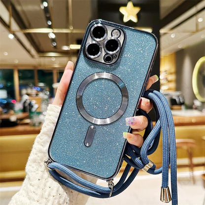 Coque de Support Croisé Lumineux MagSafe de Luxe pour iPhone 12 Pro Max, Charge Sans Fil Électroplaquée, Couverture en TPU avec Lanière