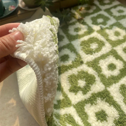 Tapis en laine douce tufté avec motif à carreaux floraux – Tapis de sol antidérapant et absorbant pour la salle de bain, la chambre et l'entrée