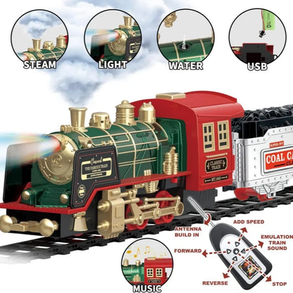 Ensemble de train à vapeur antique télécommandé - Cadeau de Noël pour enfants, train électrique rechargeable avec lumières et sons pour le plaisir des fêtes