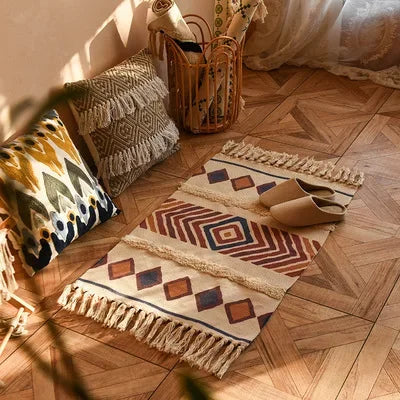 Tapis tissé à la main rétro-bohème 60x90 cm – Tapis à franges pour salon et décoration intérieure