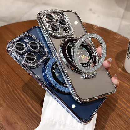 Coque de Plating Glitter Bling MagSafe de Luxe avec Support Anneau pour iPhone 16 ProMax 15 11 12 13 14 Plus Charge Sans Fil en Silicone Diamant