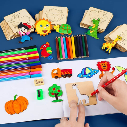 Ensemble de pochoirs art en bois DIY pour enfants - Outils de peinture et de dessin créatifs, fournitures d'art éducatives