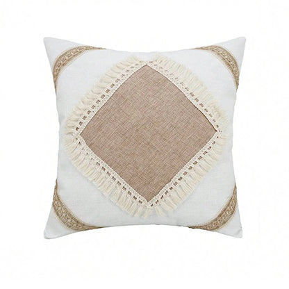 Coussin Boho - Housse de coussin géométrique beige avec franges