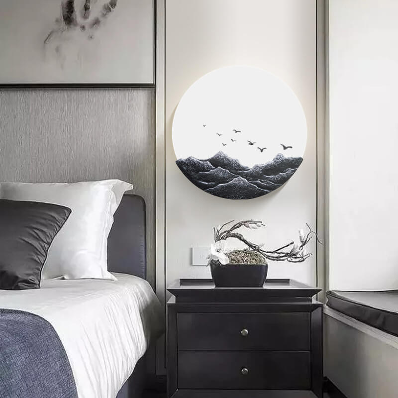 Floroux Applique Murale Chinoise | Sculpture de Montagne en Résine 3D & Acrylique | Lampe LED Ronde | Design Classique pour Salon & Couloir