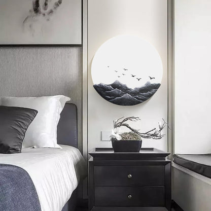 Floroux Applique Murale Chinoise | Sculpture de Montagne en Résine 3D & Acrylique | Lampe LED Ronde | Design Classique pour Salon & Couloir