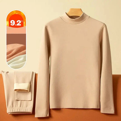 Ensemble de sous-vêtements thermiques en velours pour femmes - Couche de base à col moyen-haut chaud, vêtements de détente sans couture pour l'hiver