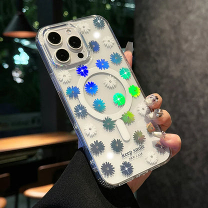 Coque de téléphone en paillettes de luxe MagSafe avec fleurs laser pour iPhone 14 15 16 Pro Max, charge sans fil, coque arrière