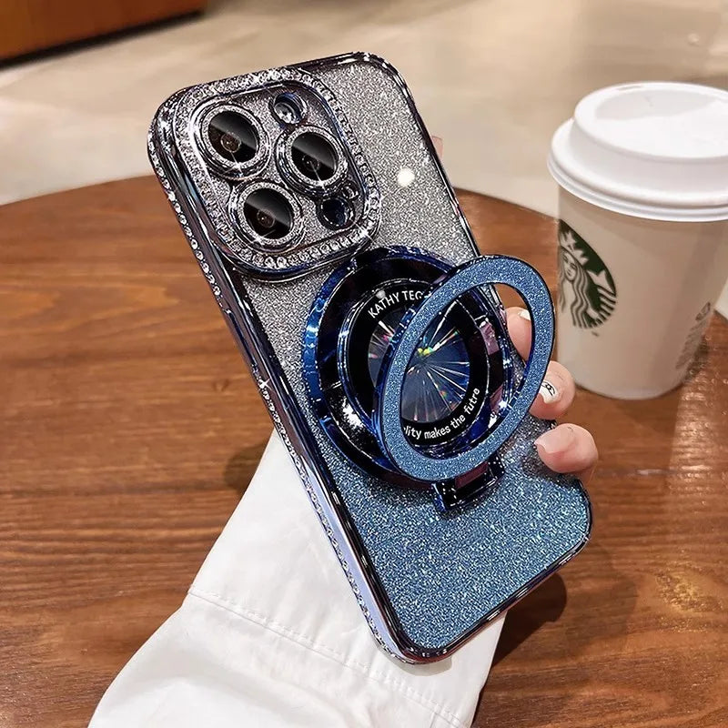 Coque de Plating Glitter Bling MagSafe de Luxe avec Support Anneau pour iPhone 16 ProMax 15 11 12 13 14 Plus Charge Sans Fil en Silicone Diamant