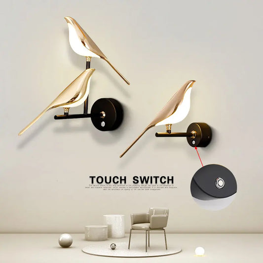 Creative Bird Appliques murales LED pivotantes à 360° Chambre de nuit Intérieur Interrupteur tactile doré Appliques murales LED Applique murale Maison