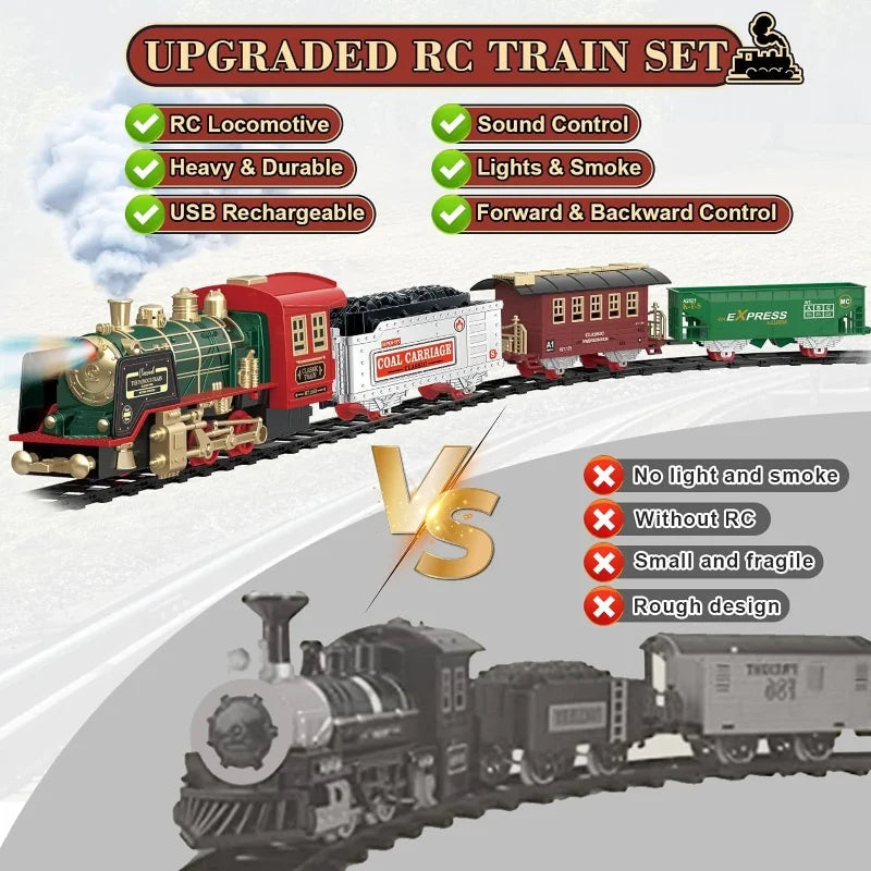 Ensemble de train à vapeur antique télécommandé - Cadeau de Noël pour enfants, train électrique rechargeable avec lumières et sons pour le plaisir des fêtes