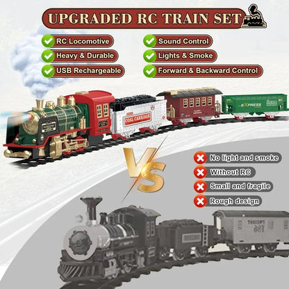 Ensemble de train à vapeur antique télécommandé - Cadeau de Noël pour enfants, train électrique rechargeable avec lumières et sons pour le plaisir des fêtes