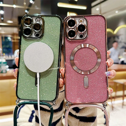 Coque de bandoulière en paillettes MagSafe de luxe pour iPhone 11, charge sans fil électroplaquée, couverture arrière en TPU avec cordon