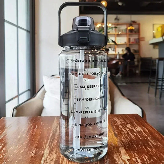 HydroMax – Bouteille d’Eau Portable 2L avec Paille, Indicateur de Temps et Grande Capacité