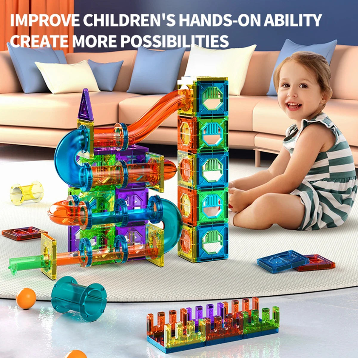 3D Carreaux Magnétiques de Construction pour Enfants - Jouets Éducatifs STEM Clairs, Ensemble de Blocs de Course de Marbles Créatifs