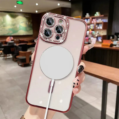 Coque MagSafe Luxe Glitter Bling avec Lentille en Cristal pour iPhone 15 16 11 12 13 14 Pro Max 16 Plus Chargeur Sans Fil Magnétique Housse Claire