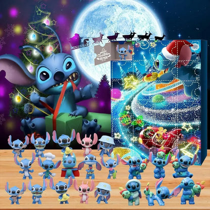 Calendrier de l'Avent de Noël 2024 avec des jouets Mickey, Minnie, Stitch et Hello Kitty pour enfants