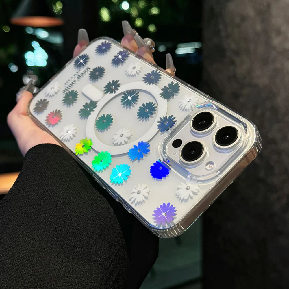 Coque de téléphone en paillettes de luxe MagSafe avec fleurs laser pour iPhone 14 15 16 Pro Max, charge sans fil, coque arrière