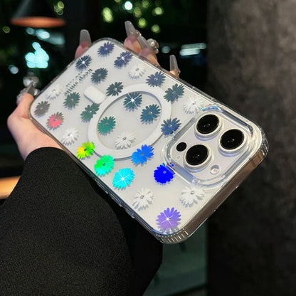 Coque de téléphone en paillettes de luxe MagSafe avec fleurs laser pour iPhone 14 15 16 Pro Max, charge sans fil, coque arrière