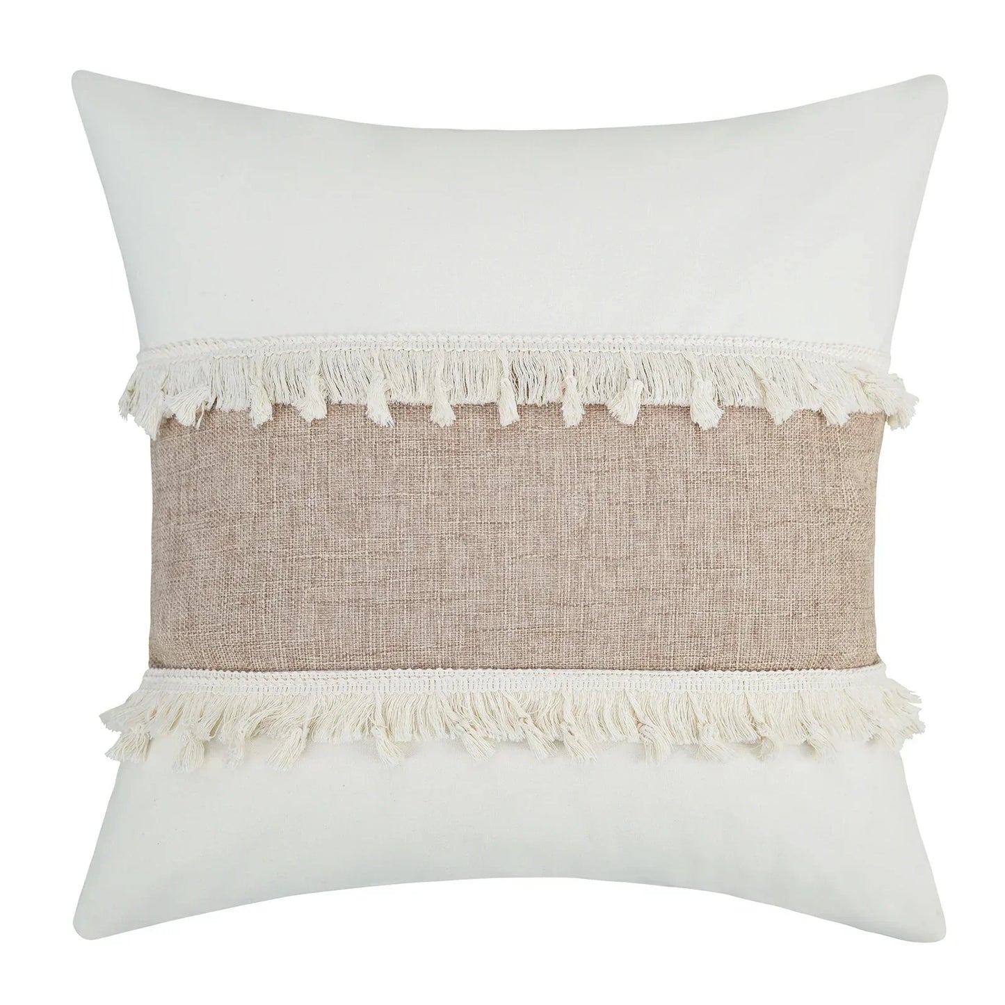 Coussin Boho - Housse de coussin géométrique beige avec franges