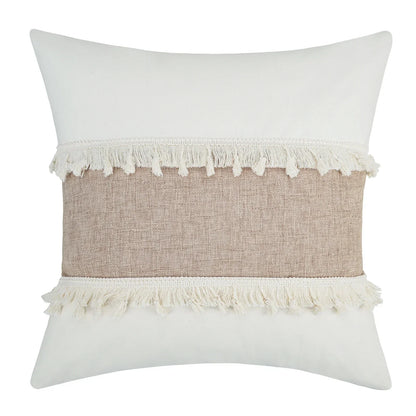 Coussin Boho - Housse de coussin géométrique beige avec franges