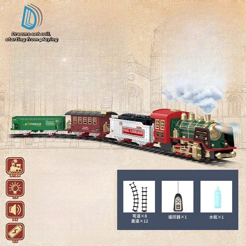 Ensemble de train à vapeur antique télécommandé - Cadeau de Noël pour enfants, train électrique rechargeable avec lumières et sons pour le plaisir des fêtes