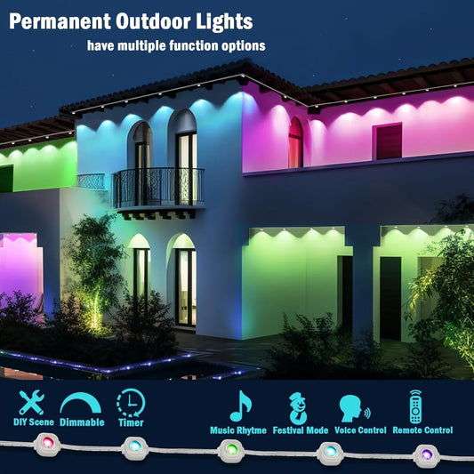 Smart RGBIC Permanent Outdoor LED Fairy Christmas Lights - Éclairage étanche pour les avant-toits de Noël et de décoration des fêtes, contrôle Bluetooth