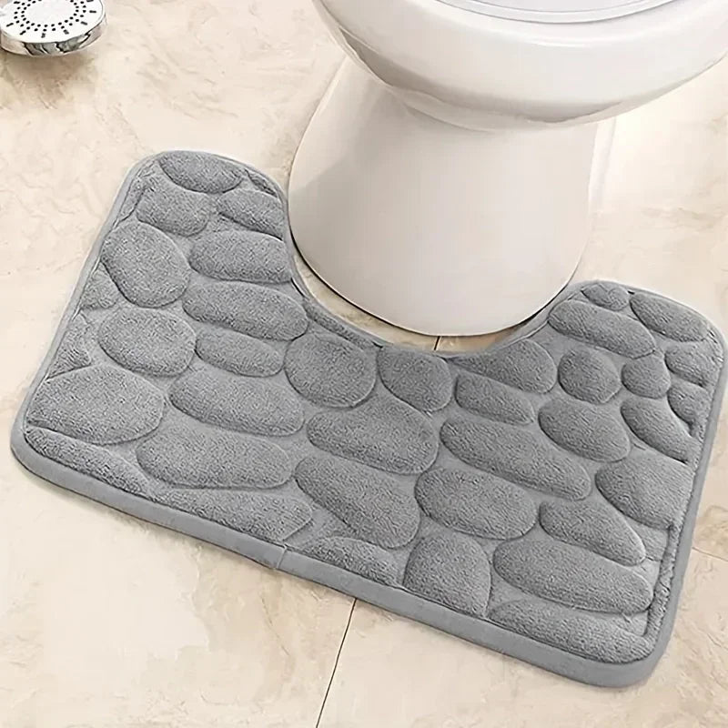 Tapis de toilette en mousse à mémoire en forme de U antidérapant en velours corail – Tapis de sol esthétique en galets épaissi et à séchage rapide pour les toilettes et l'entrée