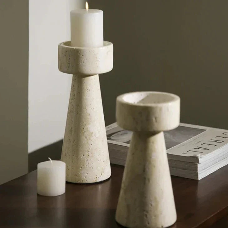 Floroux Candle Holder in Travertine Look | Modern Design | Atmospheric Lighting | Versatile Decoration